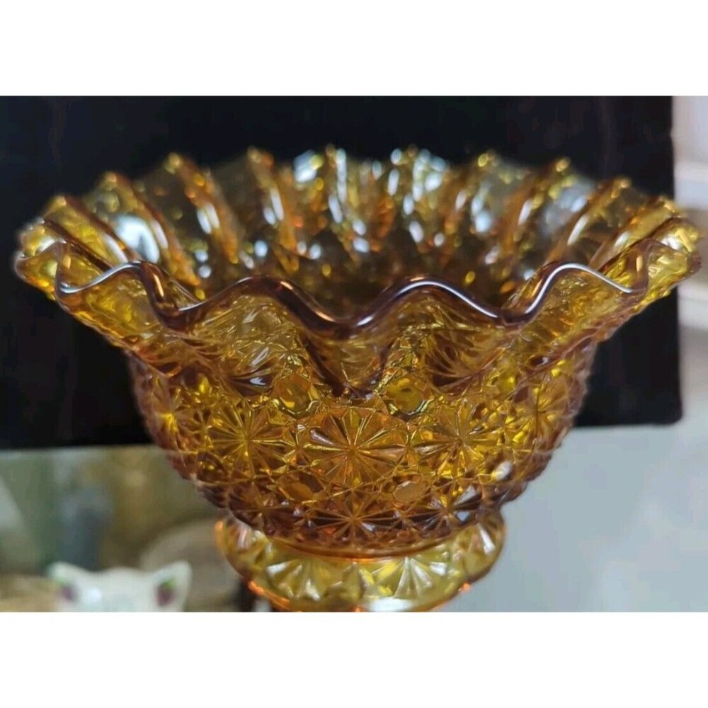 L.E. SMITH Daisy & Button‎ Pattern Amber Orange Ruffled Glass Bowl Candy Dish